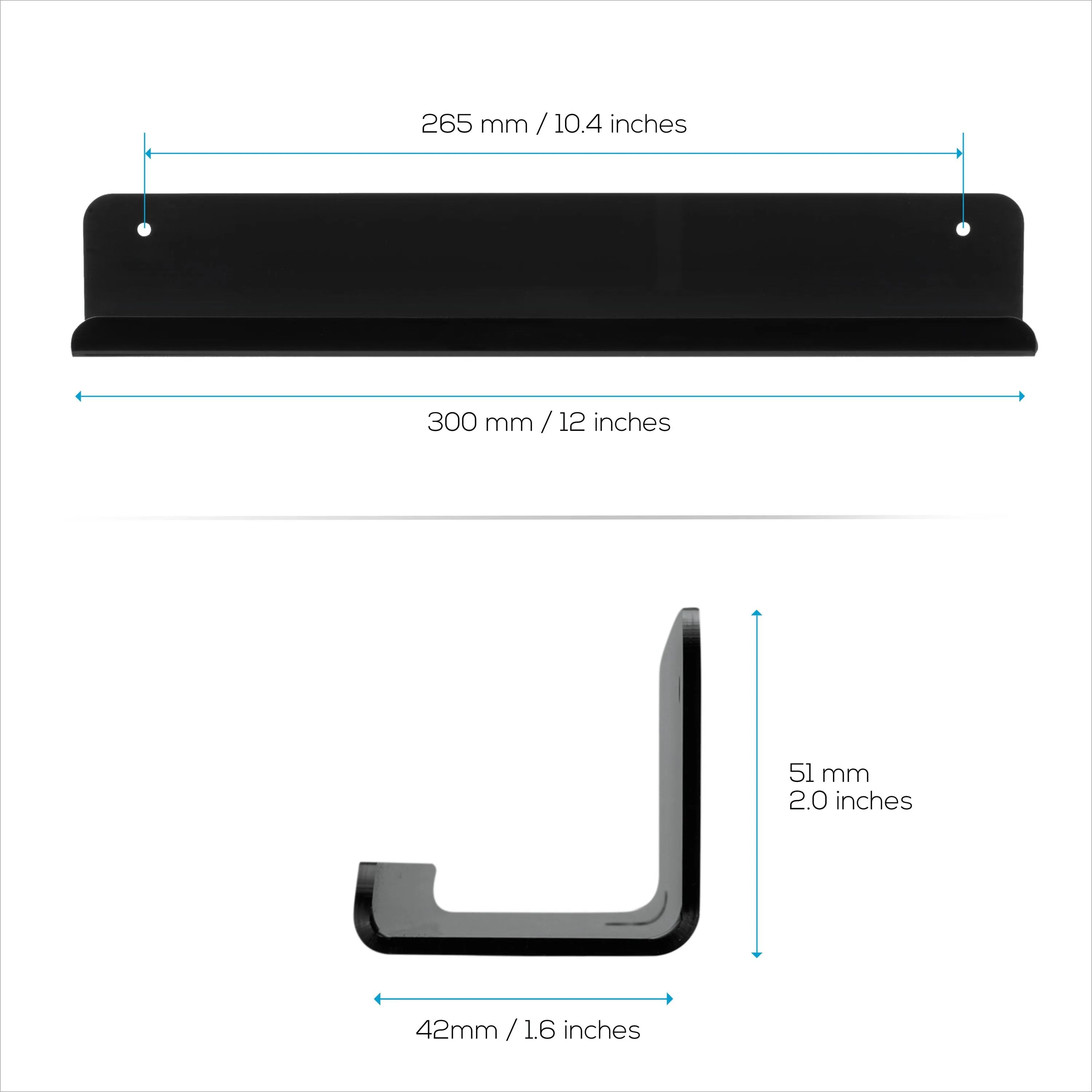 2-Pack 12" Slim Floating Shelf Mount, Adhesive or Screw Mount, for Tablets, Vinyl Records, Picture Frames, Phones, Universal Holder Shelves