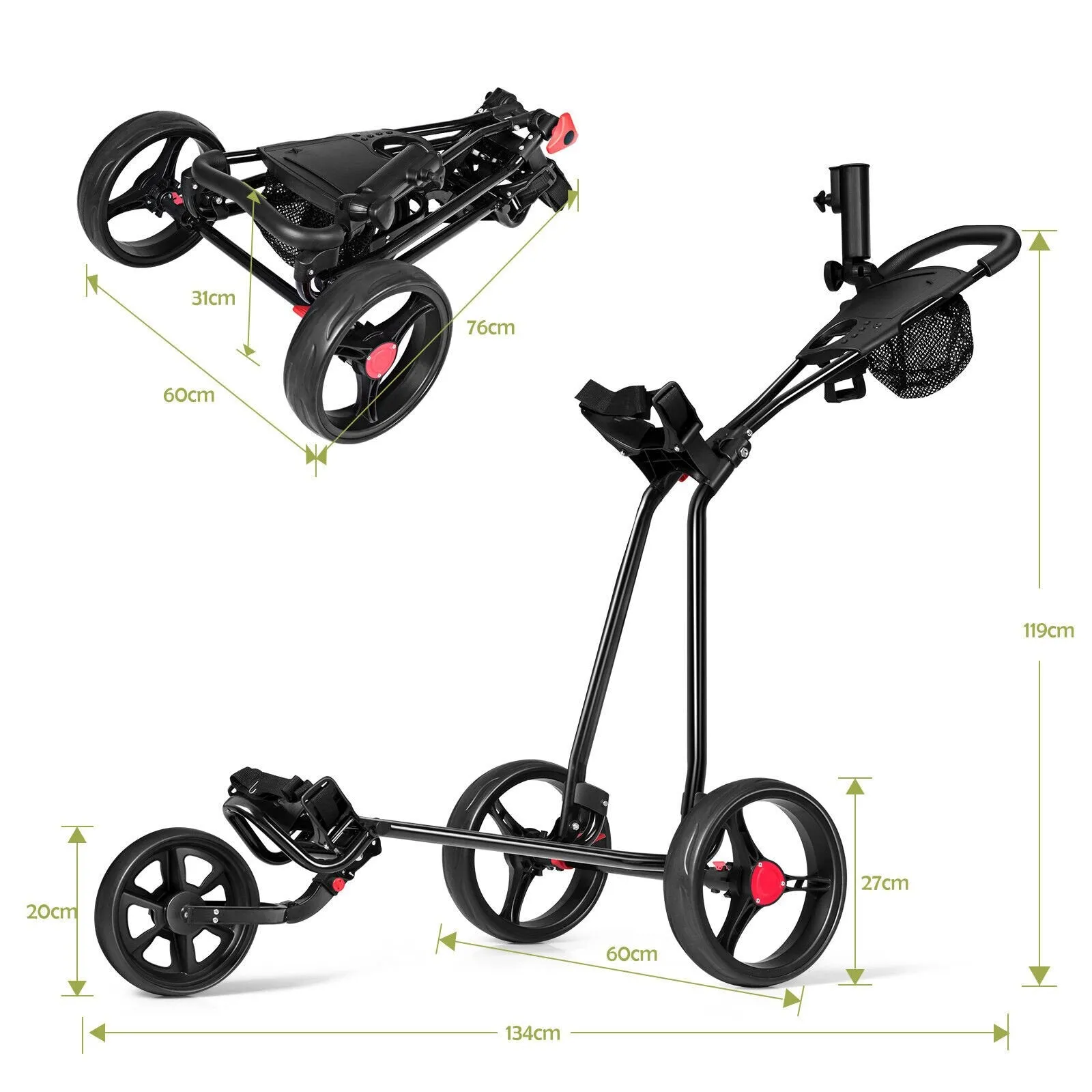 3 Wheel Folding Golf Push Cart with Adjustable Handle and Foot Brake