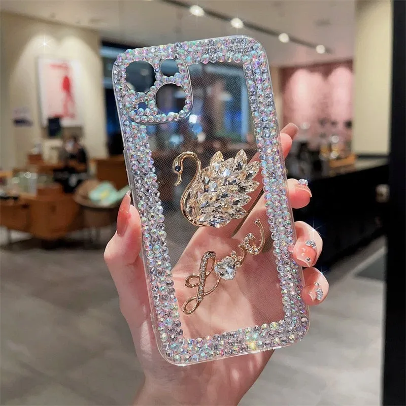 3D Camellia Swan Bling Diamond Chain Phone Case For iphone 14 12 Pro Max MiNi 11 13 Pro X XS XR 6 S 7 8 Plus 12Pro SE Cover