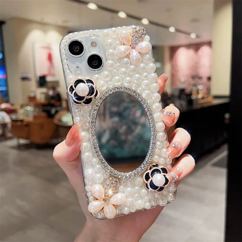 3D Camellia Swan Bling Diamond Chain Phone Case For iphone 14 12 Pro Max MiNi 11 13 Pro X XS XR 6 S 7 8 Plus 12Pro SE Cover