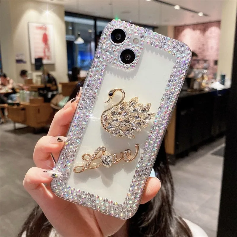 3D Camellia Swan Bling Diamond Chain Phone Case For iphone 14 12 Pro Max MiNi 11 13 Pro X XS XR 6 S 7 8 Plus 12Pro SE Cover