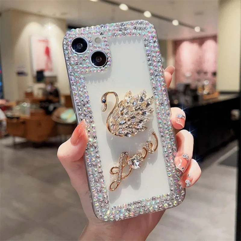 3D Camellia Swan Bling Diamond Chain Phone Case For iphone 14 12 Pro Max MiNi 11 13 Pro X XS XR 6 S 7 8 Plus 12Pro SE Cover