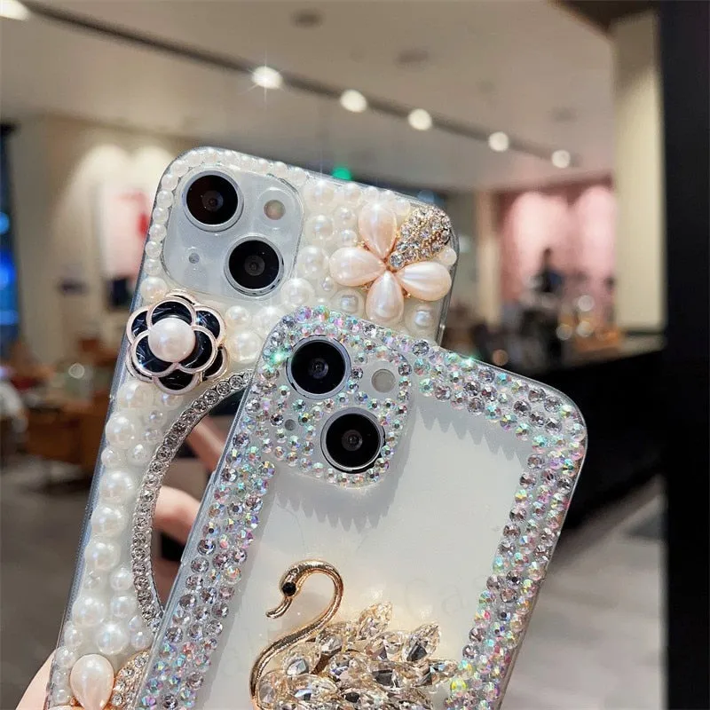 3D Camellia Swan Bling Diamond Chain Phone Case For iphone 14 12 Pro Max MiNi 11 13 Pro X XS XR 6 S 7 8 Plus 12Pro SE Cover