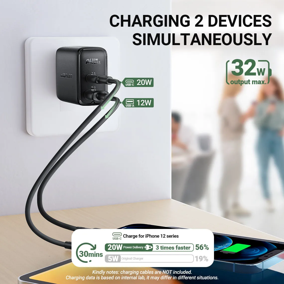 ACEFAST A7 PD 32W (USB-C USB-A) DUAL PORT CHARGER - BLACK