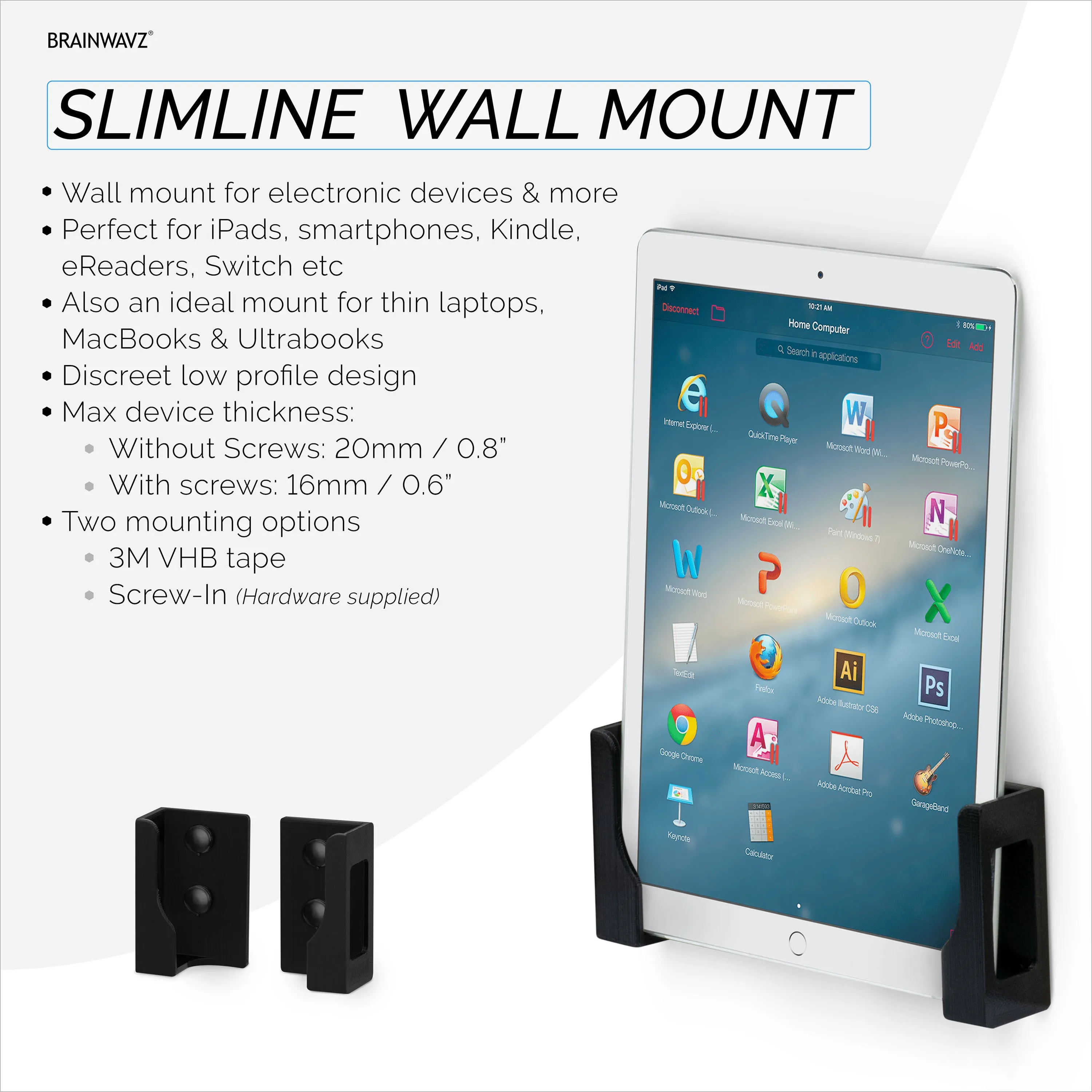 Adhesive Tablet & Slim Laptop Wall Mount Holder for iPad, Android, Macbook, Surface, iPad Air, Mini & Pro, Galaxy Tab Note eBooks, Kindle & More