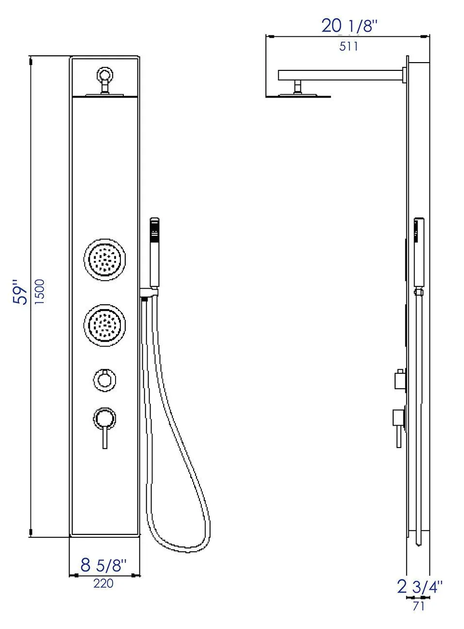 ALFI Brand Glass Shower Panel with 2 Body Sprays and Rain Shower Head