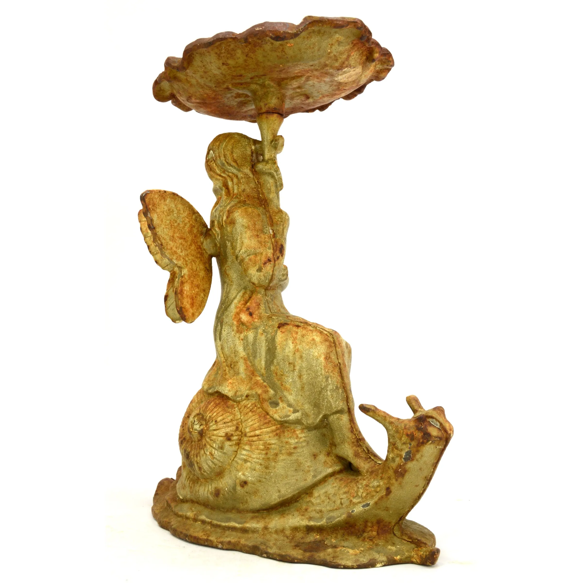 Antique CAST IRON GARDEN FAIRY Fae Statue CANDLE/SEED HOLDER Soap Dish PATINA!!