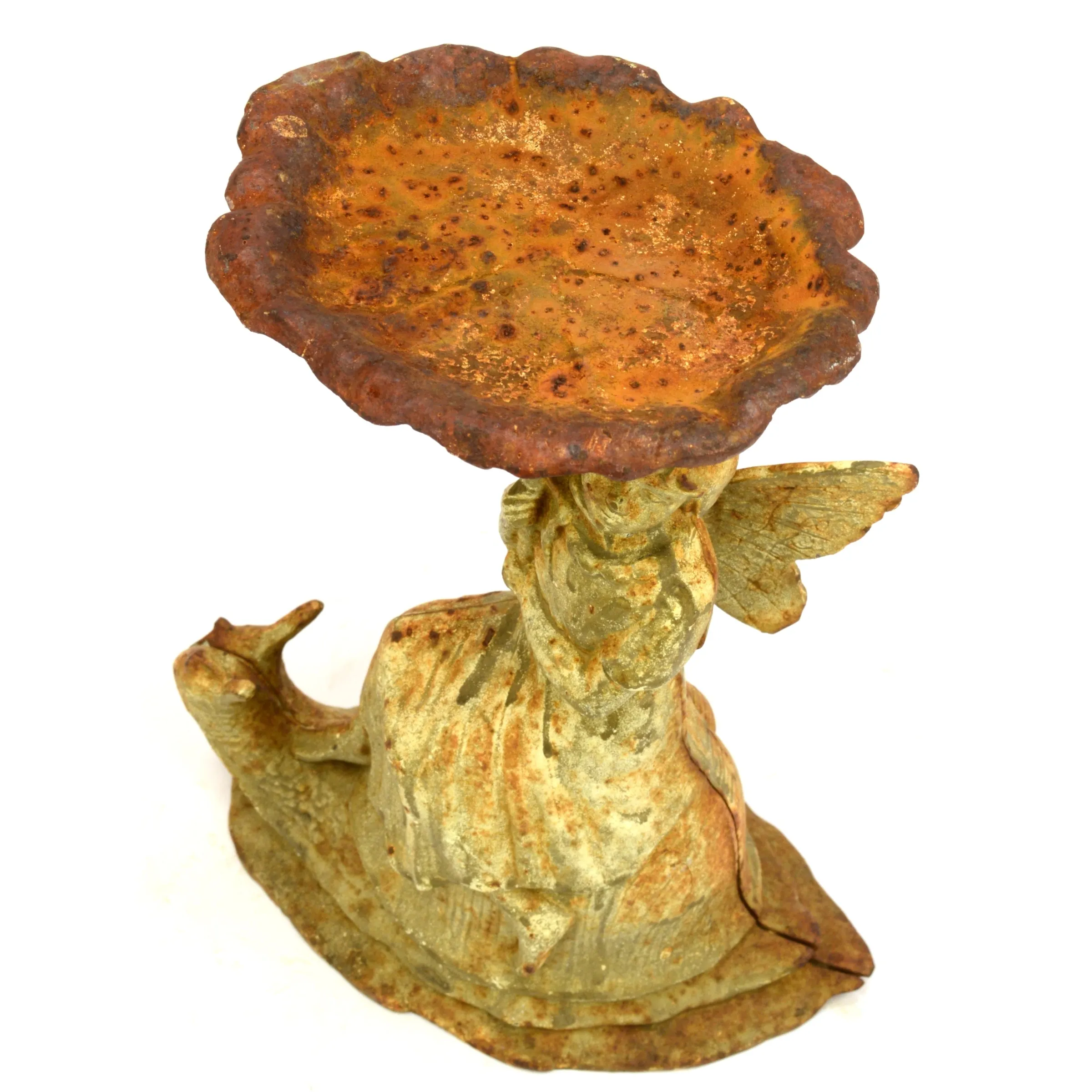 Antique CAST IRON GARDEN FAIRY Fae Statue CANDLE/SEED HOLDER Soap Dish PATINA!!