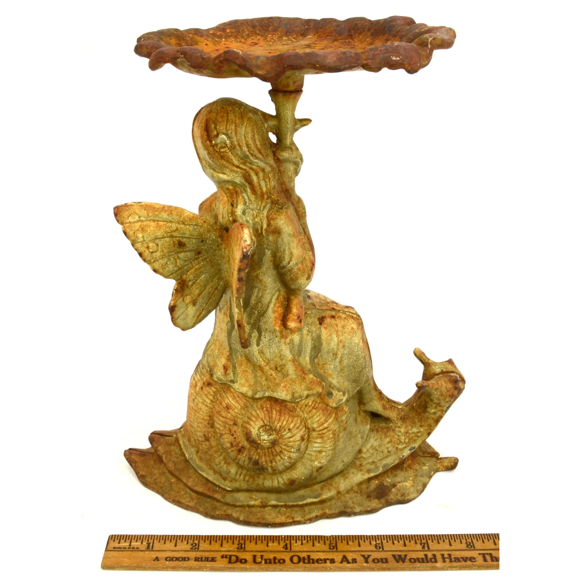 Antique CAST IRON GARDEN FAIRY Fae Statue CANDLE/SEED HOLDER Soap Dish PATINA!!