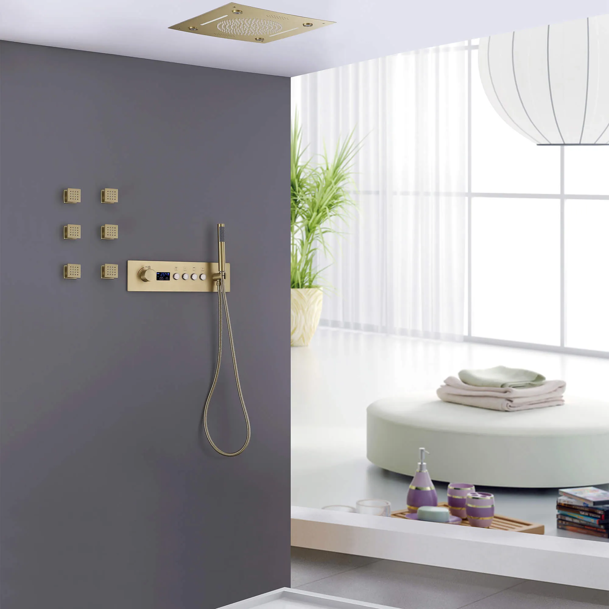 Ceiling Mount Thermostatic Shower System with Digital Display LED Bluetooth Speakers JK0128