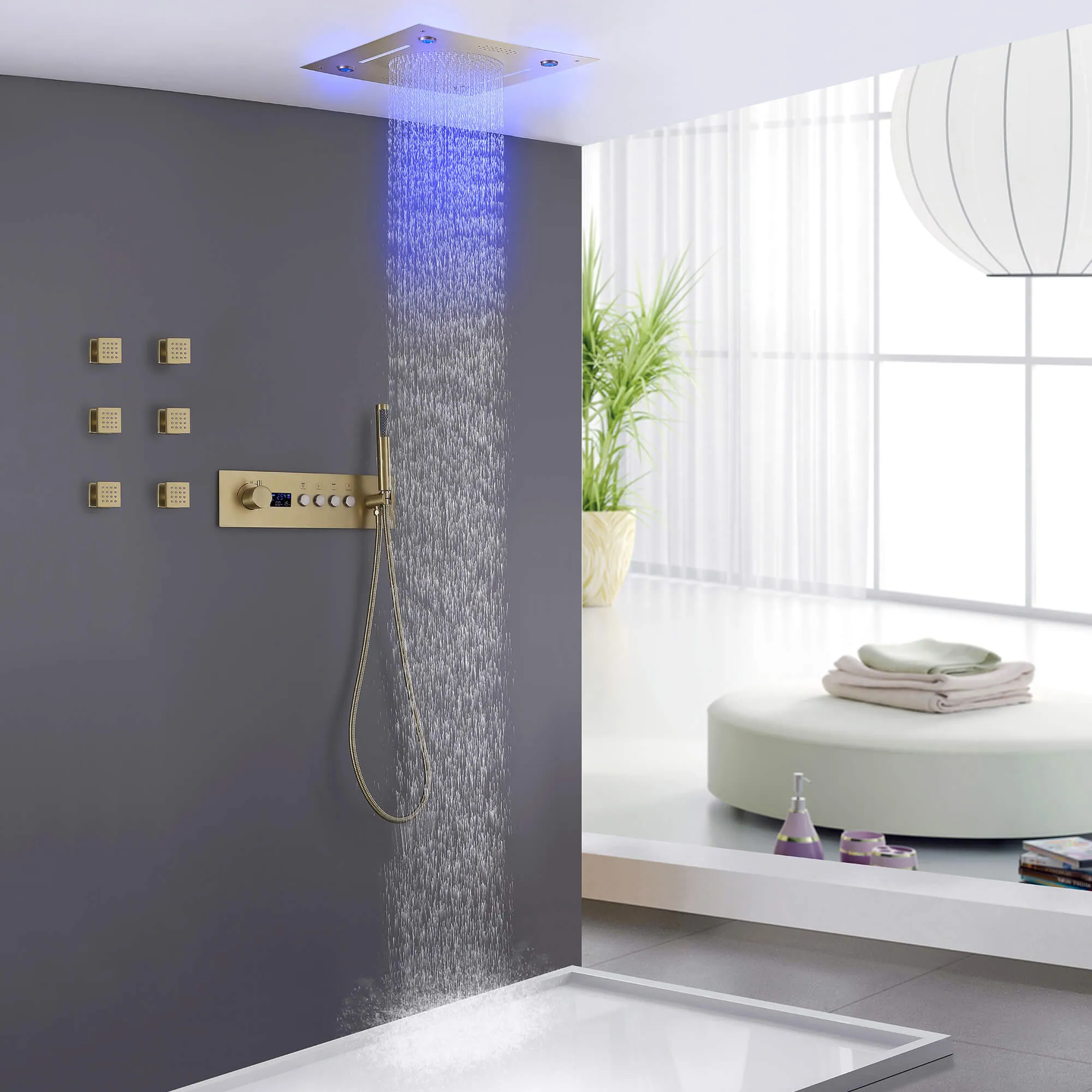 Ceiling Mount Thermostatic Shower System with Digital Display LED Bluetooth Speakers JK0128