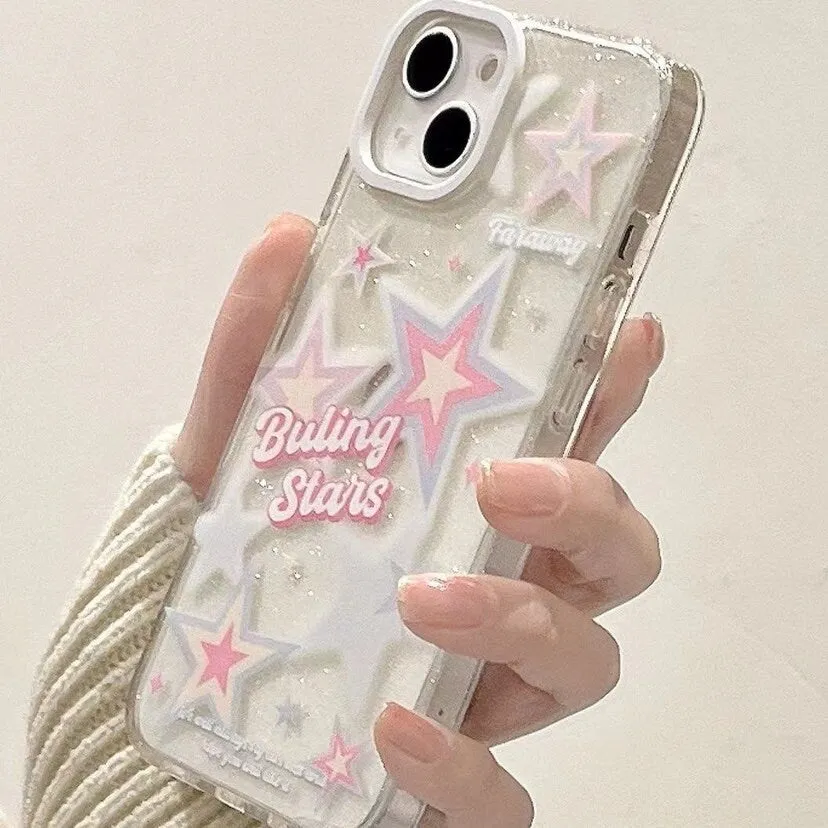 Cute Clear White and Pink Stars with Bubble Letters Artbook Design Protective Shockproof iPhone Case for iPhone 11 12 13 14 Pro Max Case