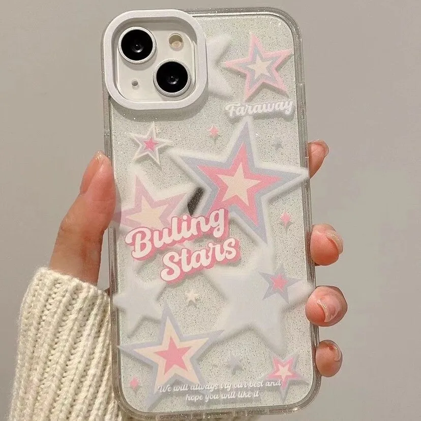 Cute Clear White and Pink Stars with Bubble Letters Artbook Design Protective Shockproof iPhone Case for iPhone 11 12 13 14 Pro Max Case