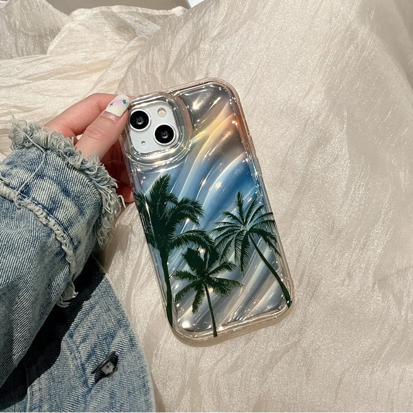 Cute Gradient Glossy 3D Waves Tropical Island Palm Trees Design Protective Shockproof Phone Case for iPhone 11 12 13 14 15 Pro Max Case