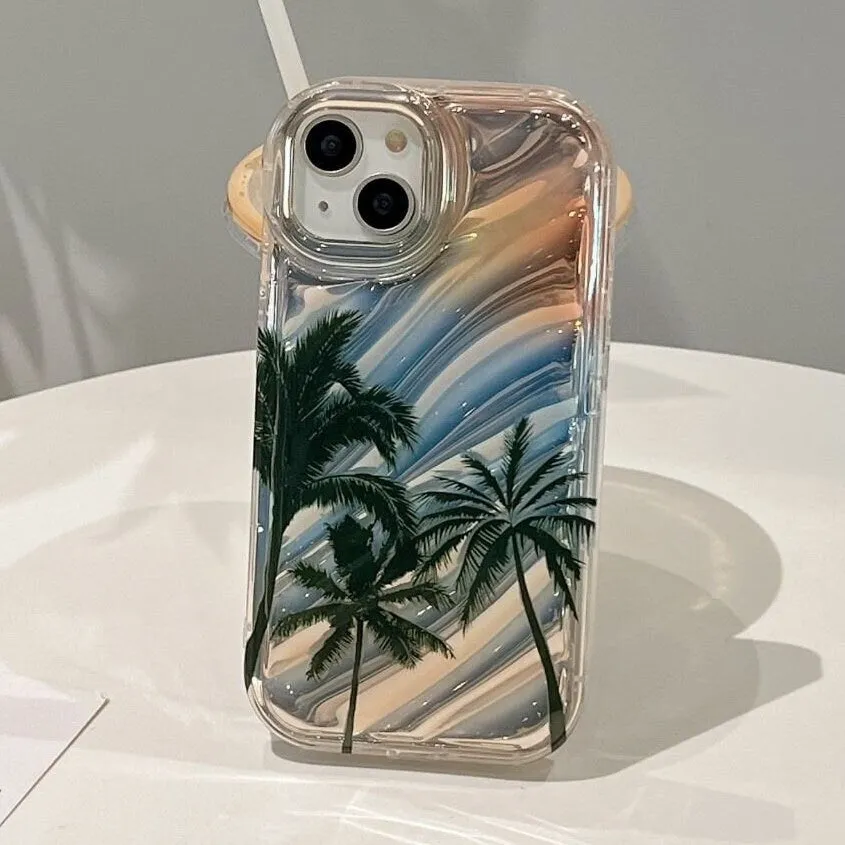 Cute Gradient Glossy 3D Waves Tropical Island Palm Trees Design Protective Shockproof Phone Case for iPhone 11 12 13 14 15 Pro Max Case