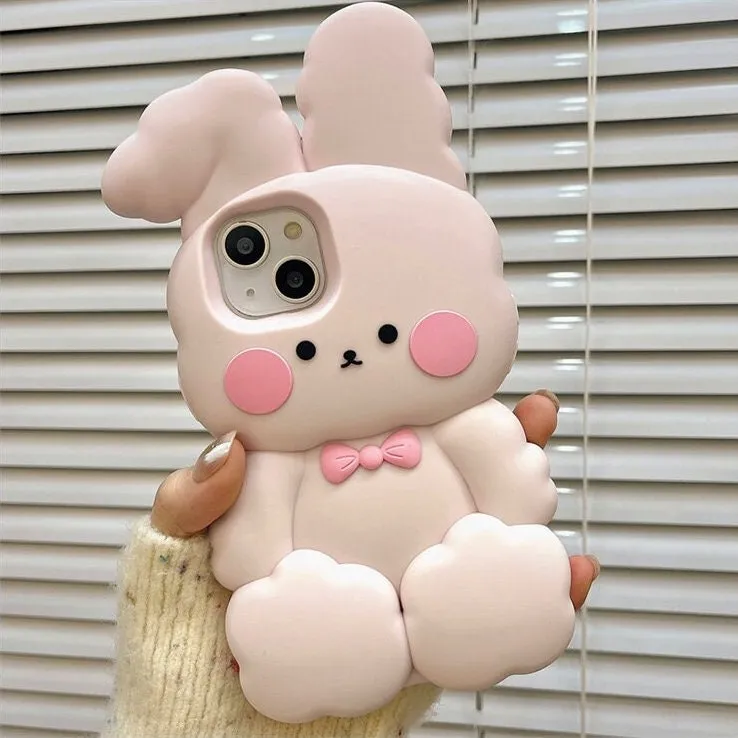 Cute Matte 3D Pink Bunny Rabbit Design   Pink Strap Thick Bulky Protective Shockproof iPhone Case for iPhone 11 12 13 14 15 Pro Max Case