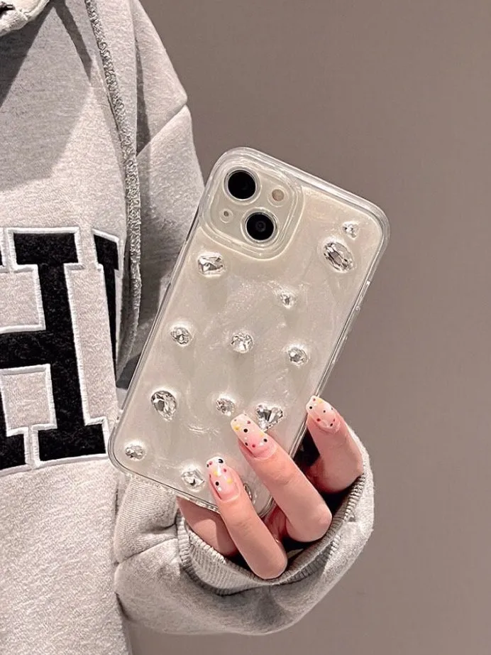 Cute Solid White Pearlescent Diamond Rhinestone Studded Bling Glam Protective Shockproof iPhone Case for iPhone 11 12 13 14 15 Plus Pro Max