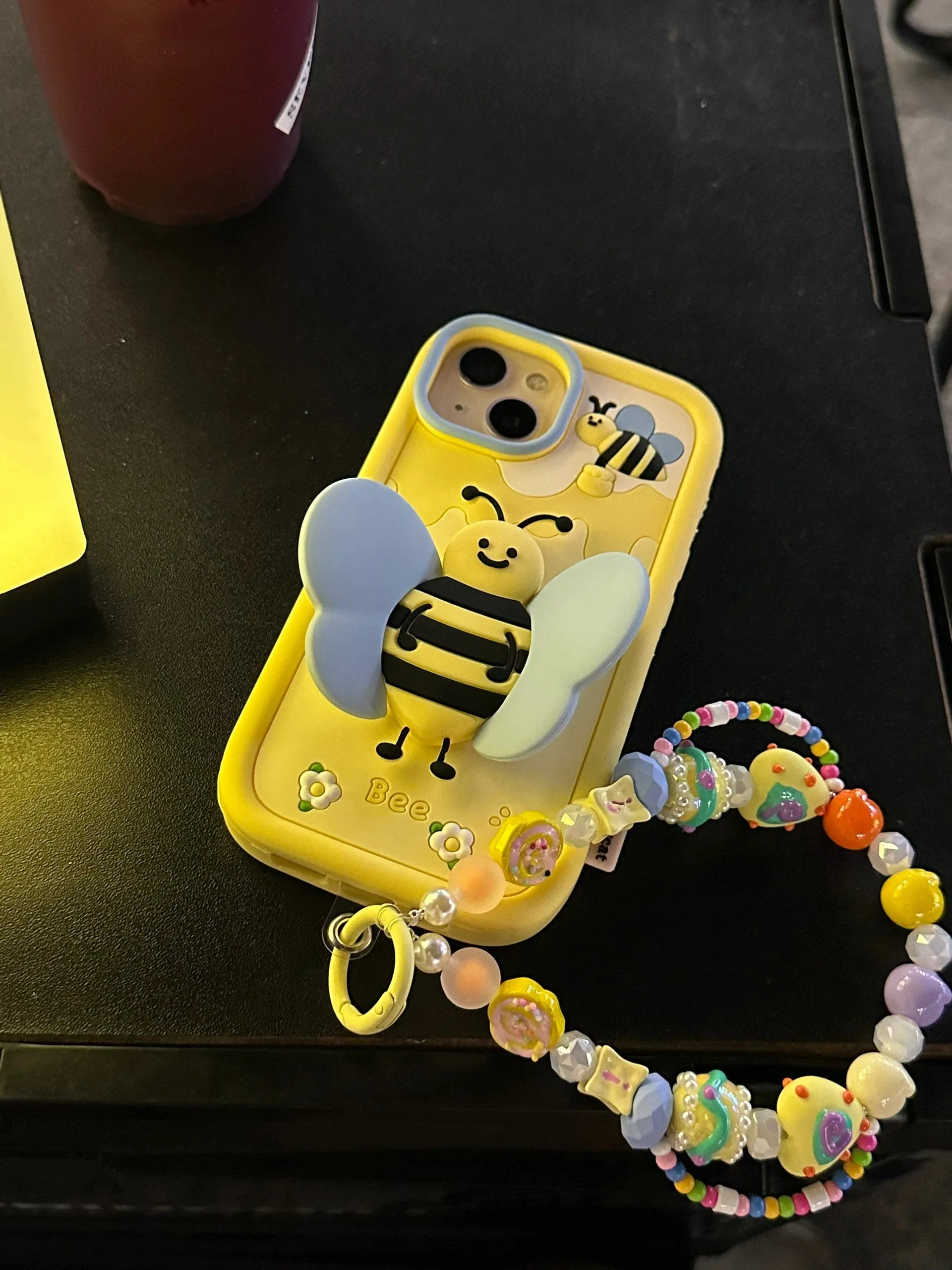 Cute Yellow 3D Foldable Bracket Bee Wings Built in Stand Design Thick Protective   Beaded Strap iPhone Case for iPhone 11 12 13 14 Pro Max