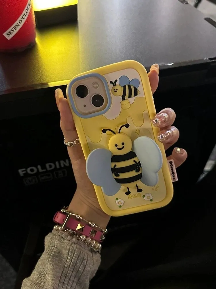 Cute Yellow 3D Foldable Bracket Bee Wings Built in Stand Design Thick Protective   Beaded Strap iPhone Case for iPhone 11 12 13 14 Pro Max