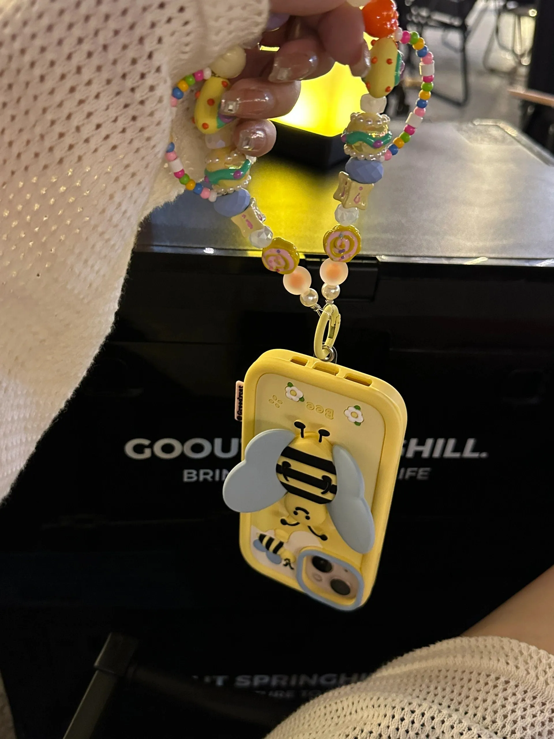 Cute Yellow 3D Foldable Bracket Bee Wings Built in Stand Design Thick Protective   Beaded Strap iPhone Case for iPhone 11 12 13 14 Pro Max