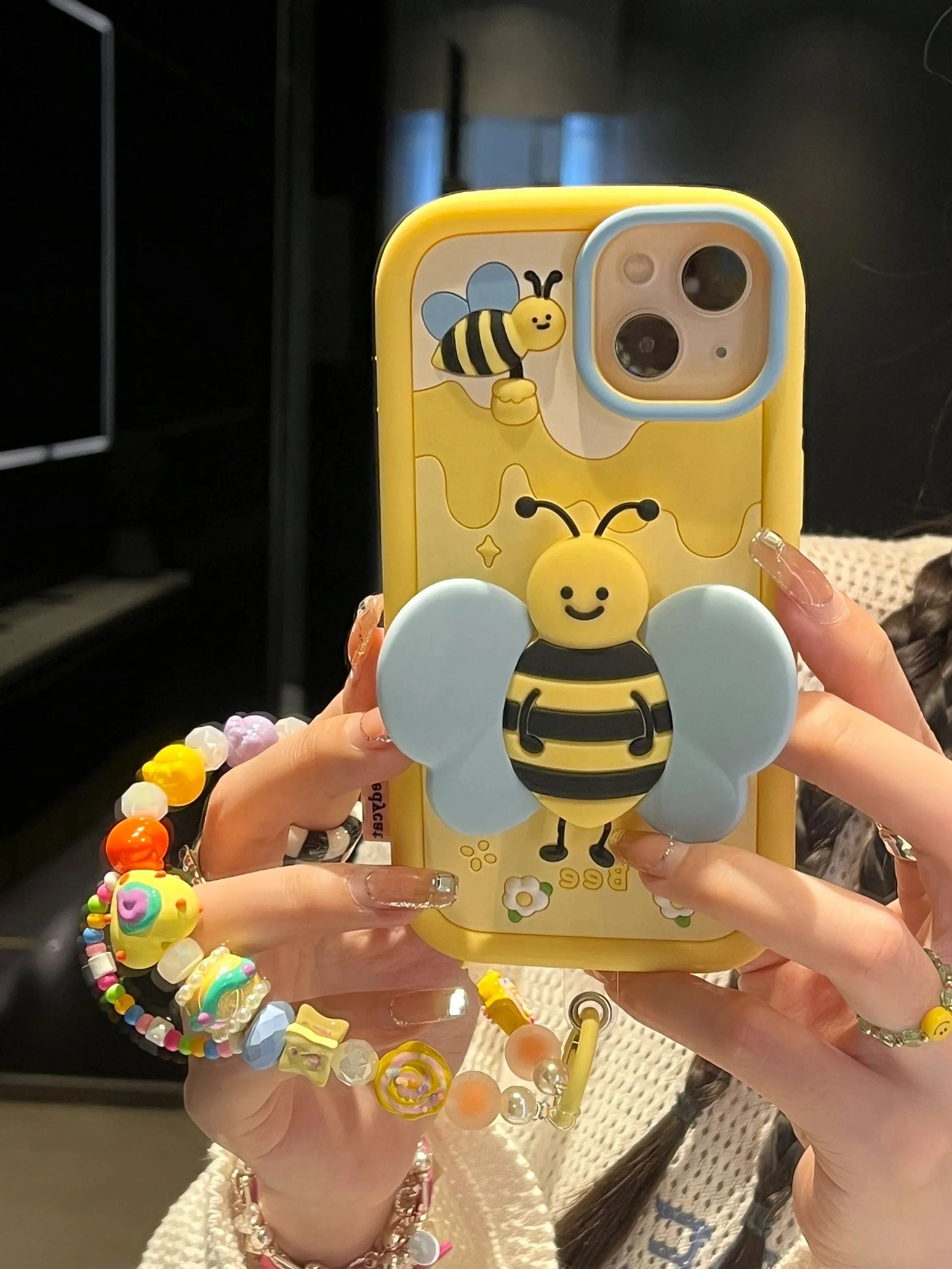 Cute Yellow 3D Foldable Bracket Bee Wings Built in Stand Design Thick Protective   Beaded Strap iPhone Case for iPhone 11 12 13 14 Pro Max