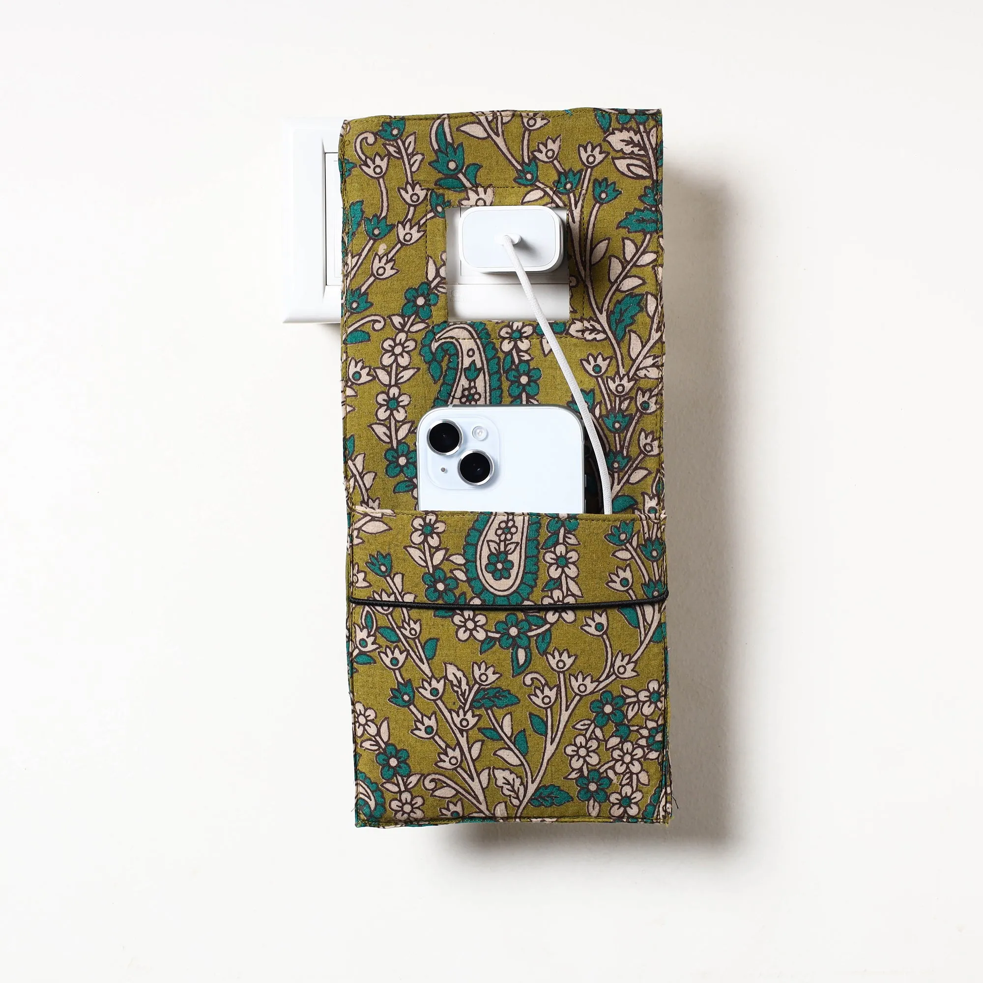 Green - Kalamkari Block Printed Cotton Mobile Charging Holder