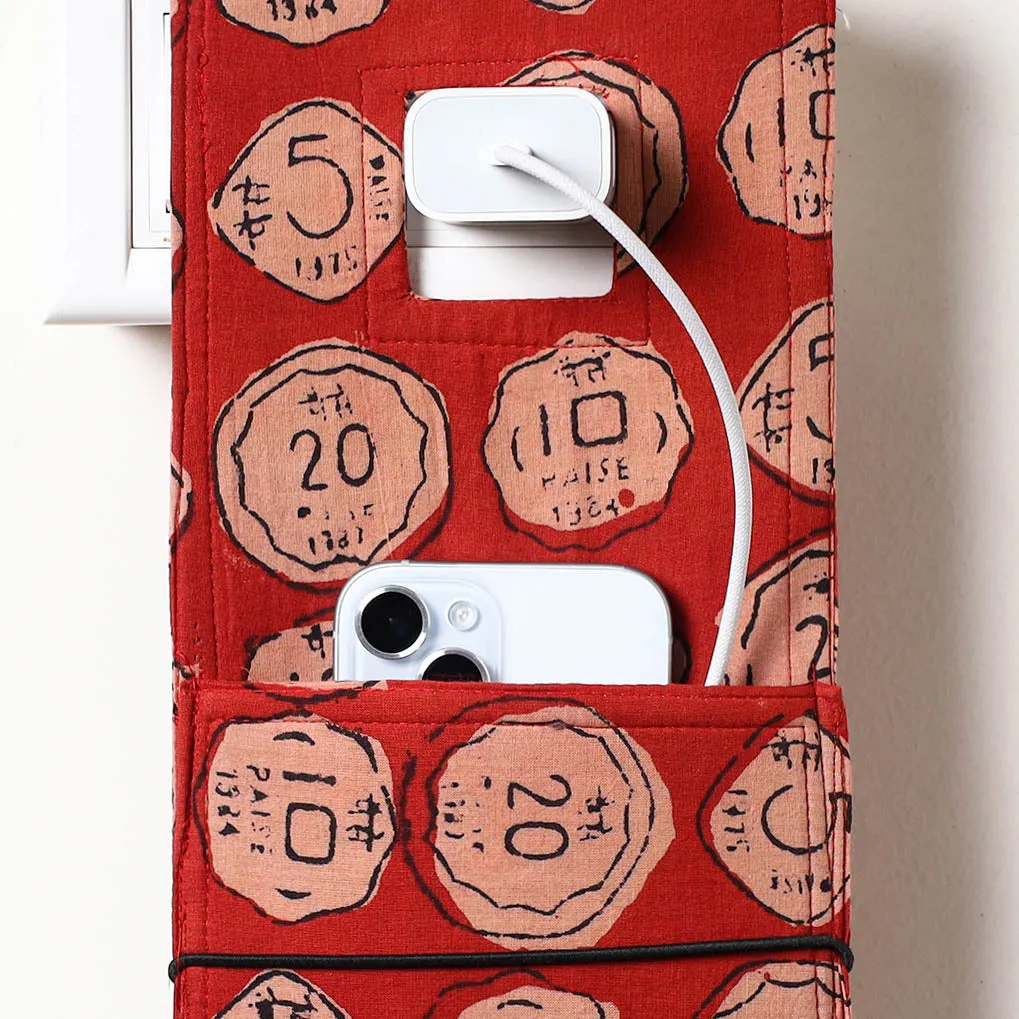 Red - Bindaas Block Printed Cotton Mobile Charging Holder