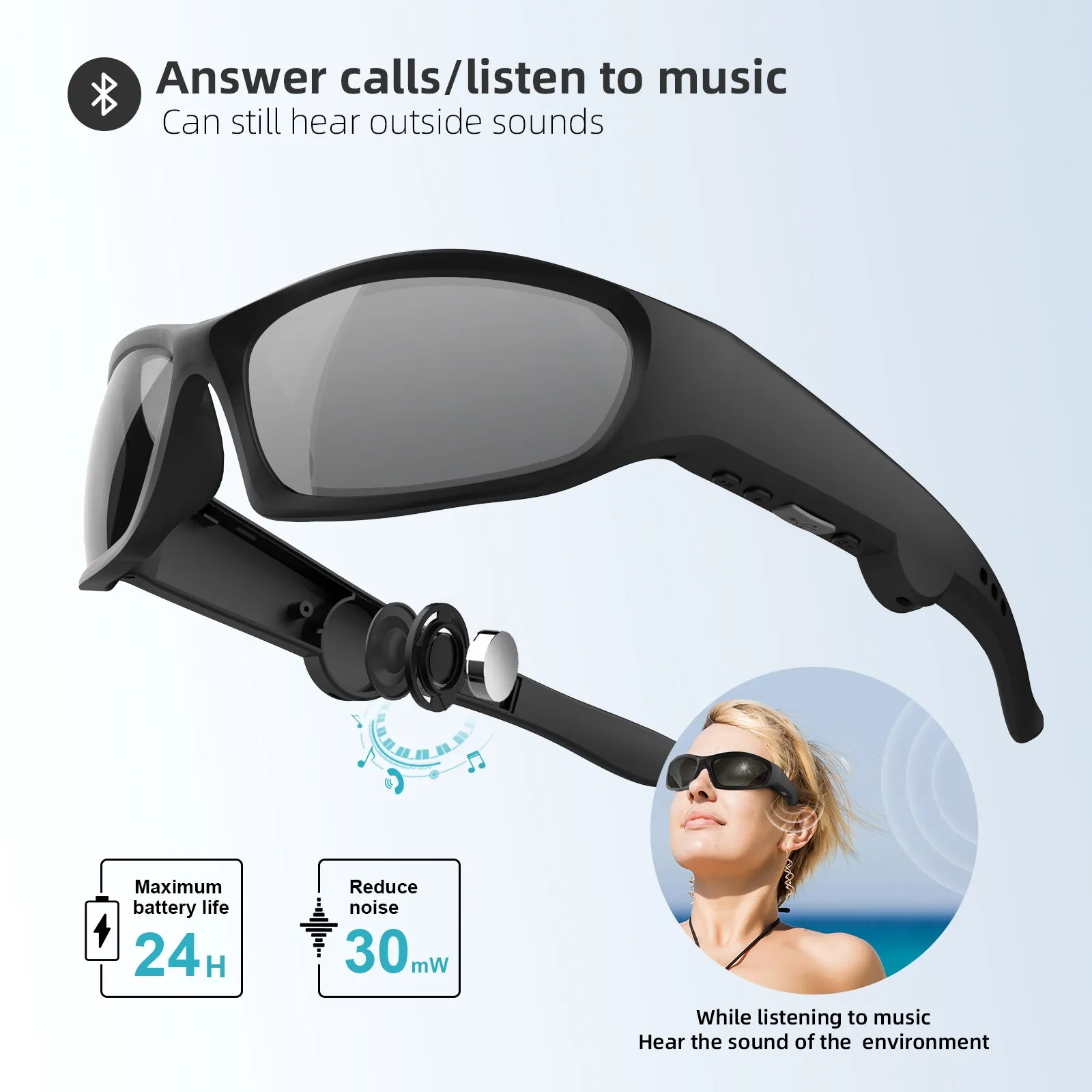 Safety Wind- and Sandproof Bluetooth Sunglasses, Audio Sunglasses, Sports sunglasses with Bluetooth Headphones