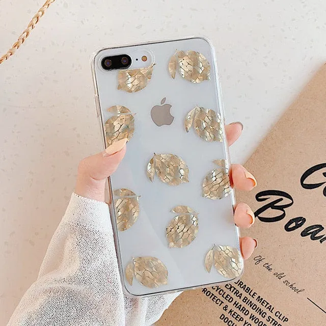 USLION Glitter Gold Leaf Transparent Case For iPhone 11 Pro X XS Max XR 8 7 Plus 11 Clear Phone Back Cover Bling Pineapple Cases