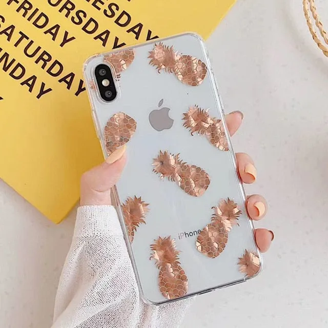 USLION Glitter Gold Leaf Transparent Case For iPhone 11 Pro X XS Max XR 8 7 Plus 11 Clear Phone Back Cover Bling Pineapple Cases