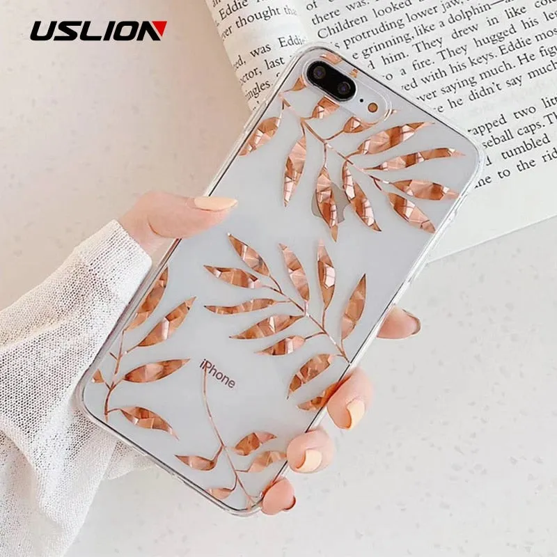 USLION Glitter Gold Leaf Transparent Case For iPhone 11 Pro X XS Max XR 8 7 Plus 11 Clear Phone Back Cover Bling Pineapple Cases