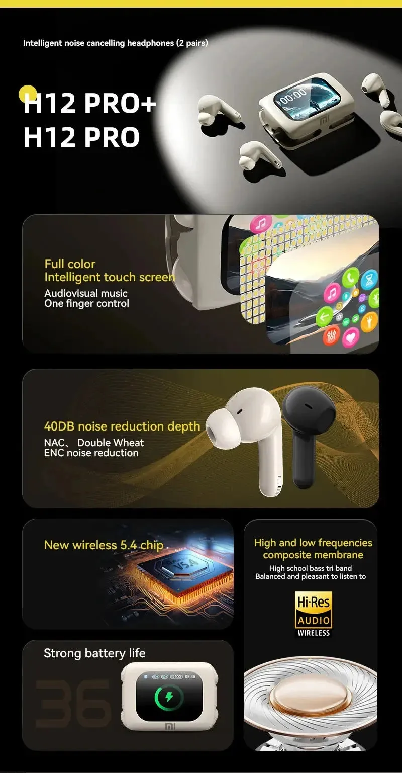 XIAOMI New H12 Pro Wireless Earphone Dual Earbuds Touch Screen Headset ANC ENC Noise Cancelling In Ear Bluetooth5.4 Headphone